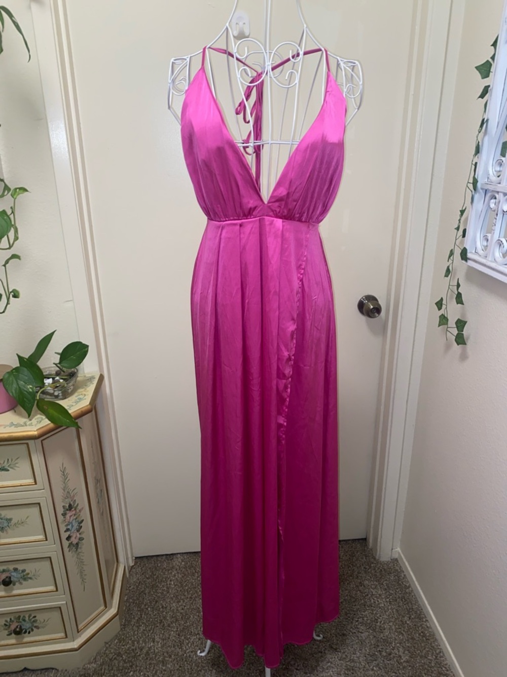 Plunging Halter High-Low Maxi Dress in Hot Pink